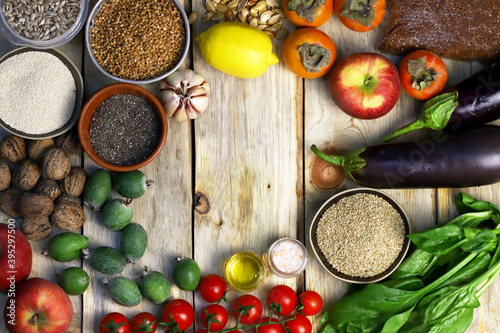 A set of healthy foods for proper nutrition. Vegetables, fruits, cereals, seeds, nuts.