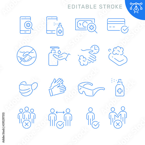 Coronavirus protection related icons. Editable stroke. Thin vector icon set