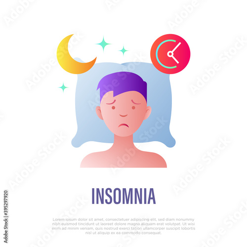 Insomnia: tired man lying on pillow, sleepless, depression, stress. Flat gradient icon. Vector illustration.