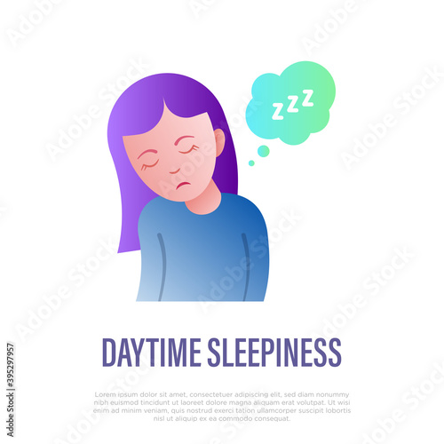 Daytime sleepiness, insomnia. Tired girl wants to sleep. Flat gradient icon. Vector illustration.