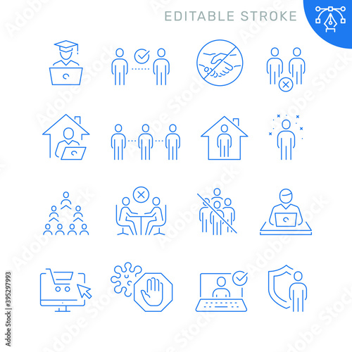 Social distancing related icons. Editable stroke. Thin vector icon set