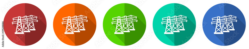 Power line, energy towers vector icon set, red, blue, green and orange flat design web buttons isolated on white, vector illustration Power line, energy towers vector icon set, red, blue, green and orange flat design web buttons isolated on white, vector illustration