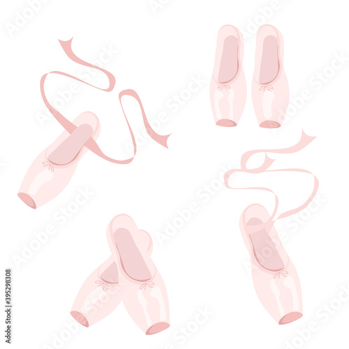 Ballet pointes shoes, with ribbon, pink. Ballerina fashion. Vector illustration, isolated