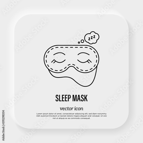 Sleep mask with closed eyes. Accessory for rest, travel, for prevention insomnia. Thin line icon. Vector illustration.