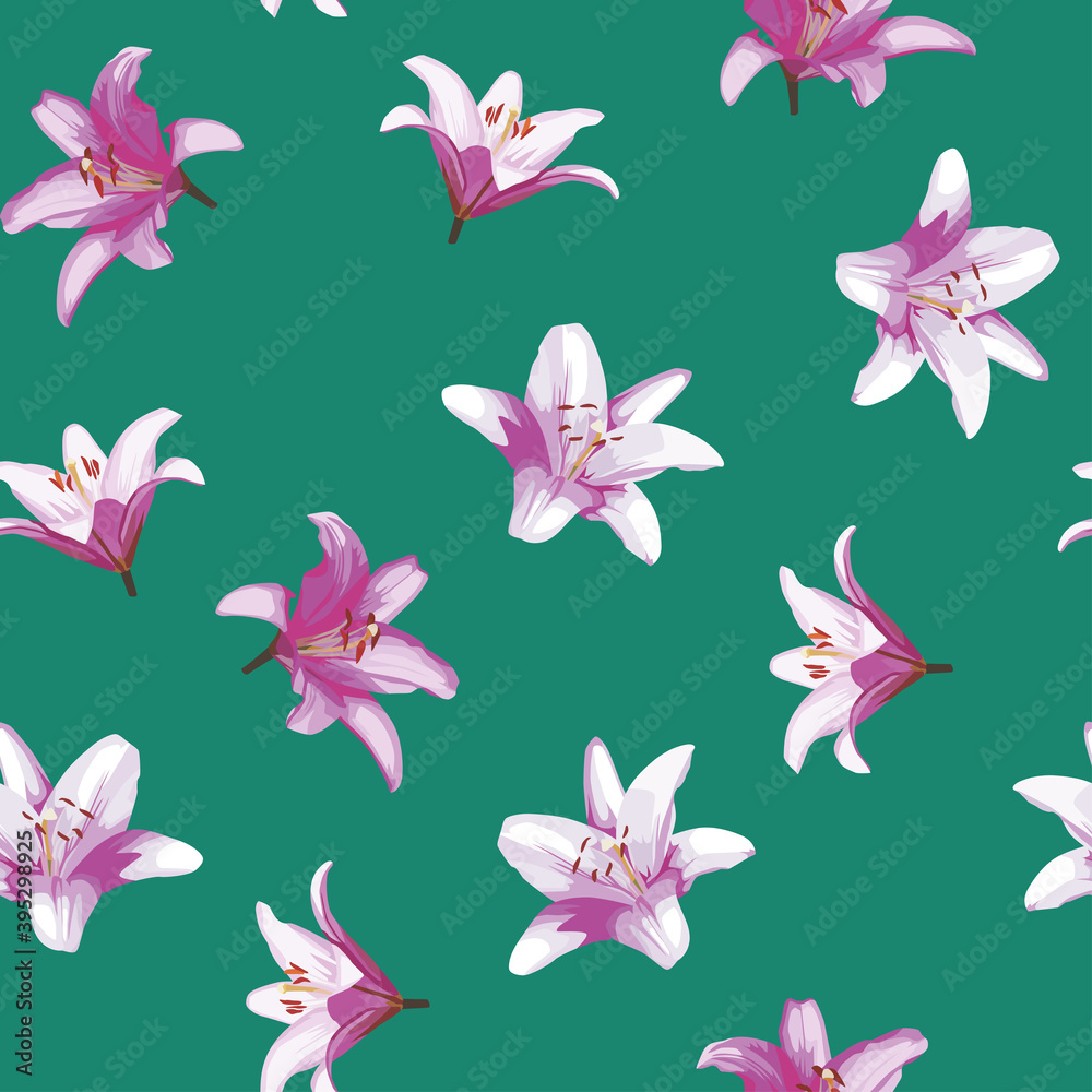 Beautiful vector lily flowers seamless pattern on green background Beautiful vector lily flowers seamless pattern on green background
