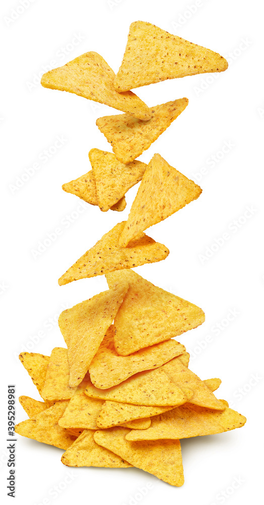 Falling delicious mexican nachos chips, isolated on white background Falling delicious mexican nachos chips, isolated on white background