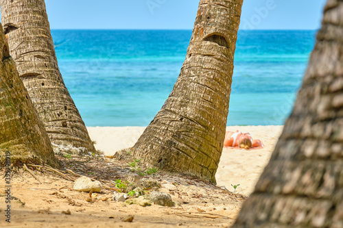 White beach of Boracay island. Tourists sunbathe on the beach under palm trees.