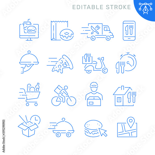 Food delivery related icons. Editable stroke. Thin vector icon set