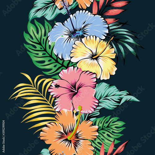 Vivid summer illustration cartoon vector style seamless ribbon pattern hibiscus flowers and tropical leaves on black background