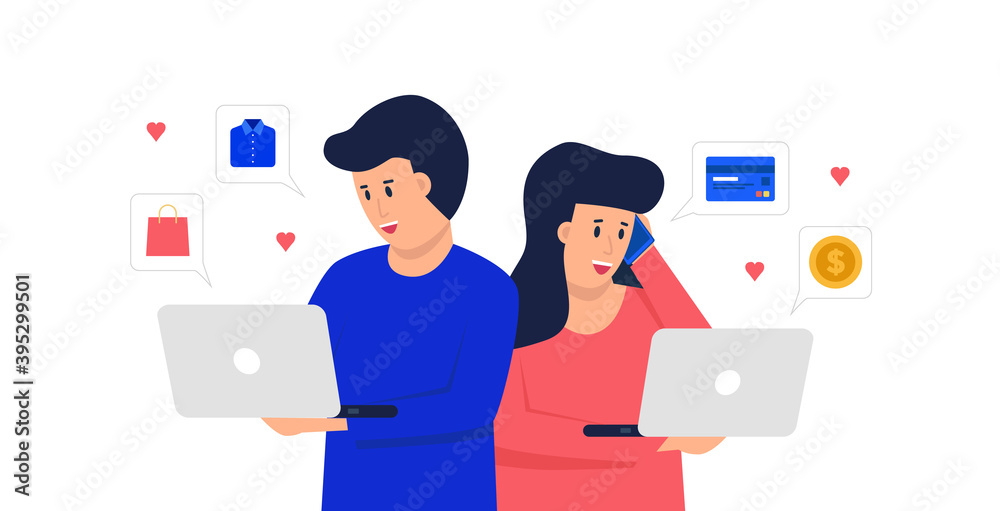 Couple spending time together with gadgets. Shoppers buying on internet sale flat illustration. Online store. discount, cashless and contactless payment concept.