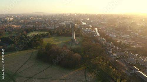 Aerial view, The Wellington Monument, or more correctly the Wellington Testimonial, is an obelisk located in the Phoenix Park, Dublin, Ireland. Shot in 4K. photo