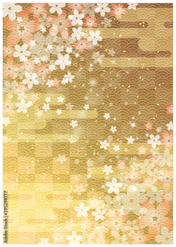 桜の輪_和柄_金箔格子背景_縦型