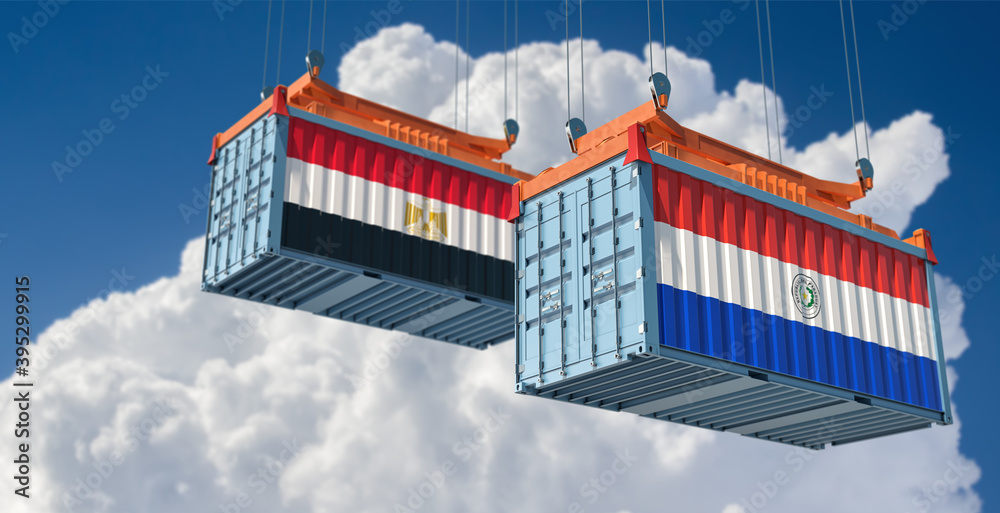 Freight containers with Egypt and Paraguay national flags. 3D Rendering 