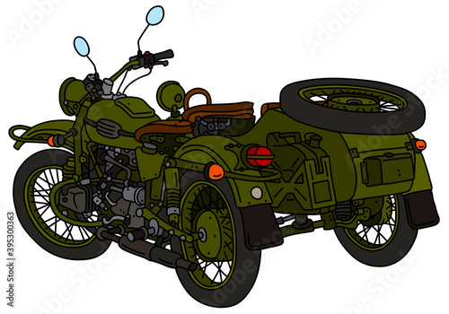 The vectorized hand drawing of a classic khaki green military sidecar
