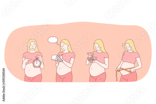 Pregnancy, motherhood, expecting for childbirth and baby concept. Young happy pregnant woman cartoon characters measuring belly, eating healthy food and counting days before birth giving day