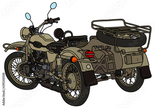 The vectorized hand drawing of a classic sand military sidecar