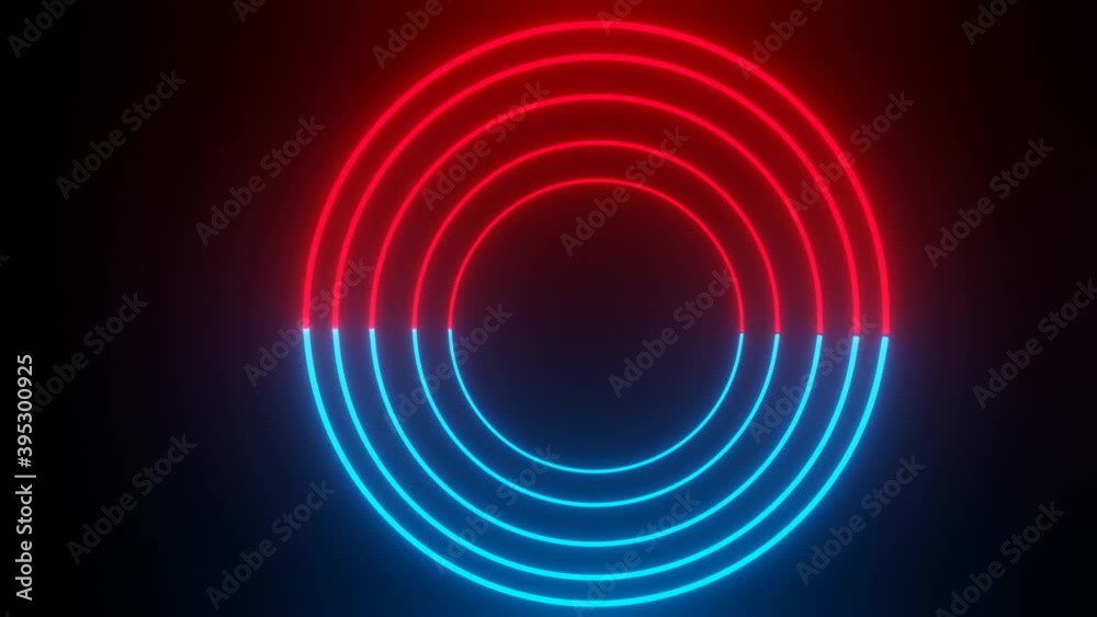 Concentric light neon targets in blue and red. Continuous rotation of the circular slice when alternating blue and red Animation of concentric circles on black background. FullHD quality