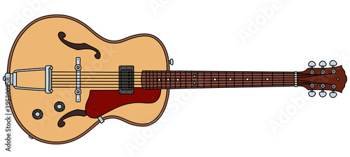 The vectorized hand drawing of a retro semiaccoustic guitar