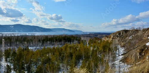 Panorama of Zhiguli mountains and Volga river on a winter day