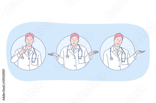 Healthcare, doctor showing signs, medicine concept. Young man doctor therapist in uniform cartoon character showing frustration, approving choice and pointing aside with hand vector illustration