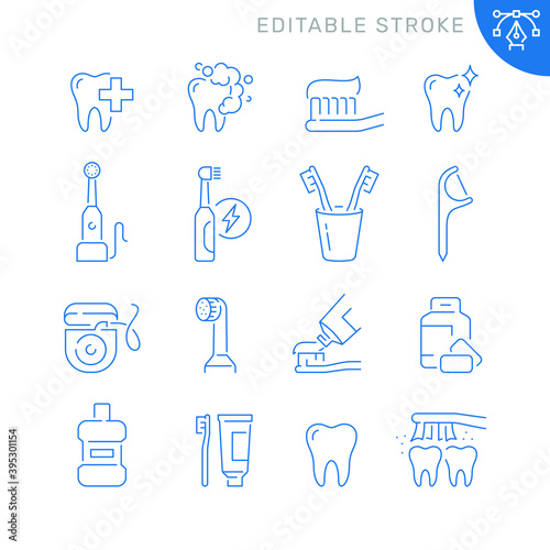 Dental care related icons. Editable stroke. Thin vector icon set