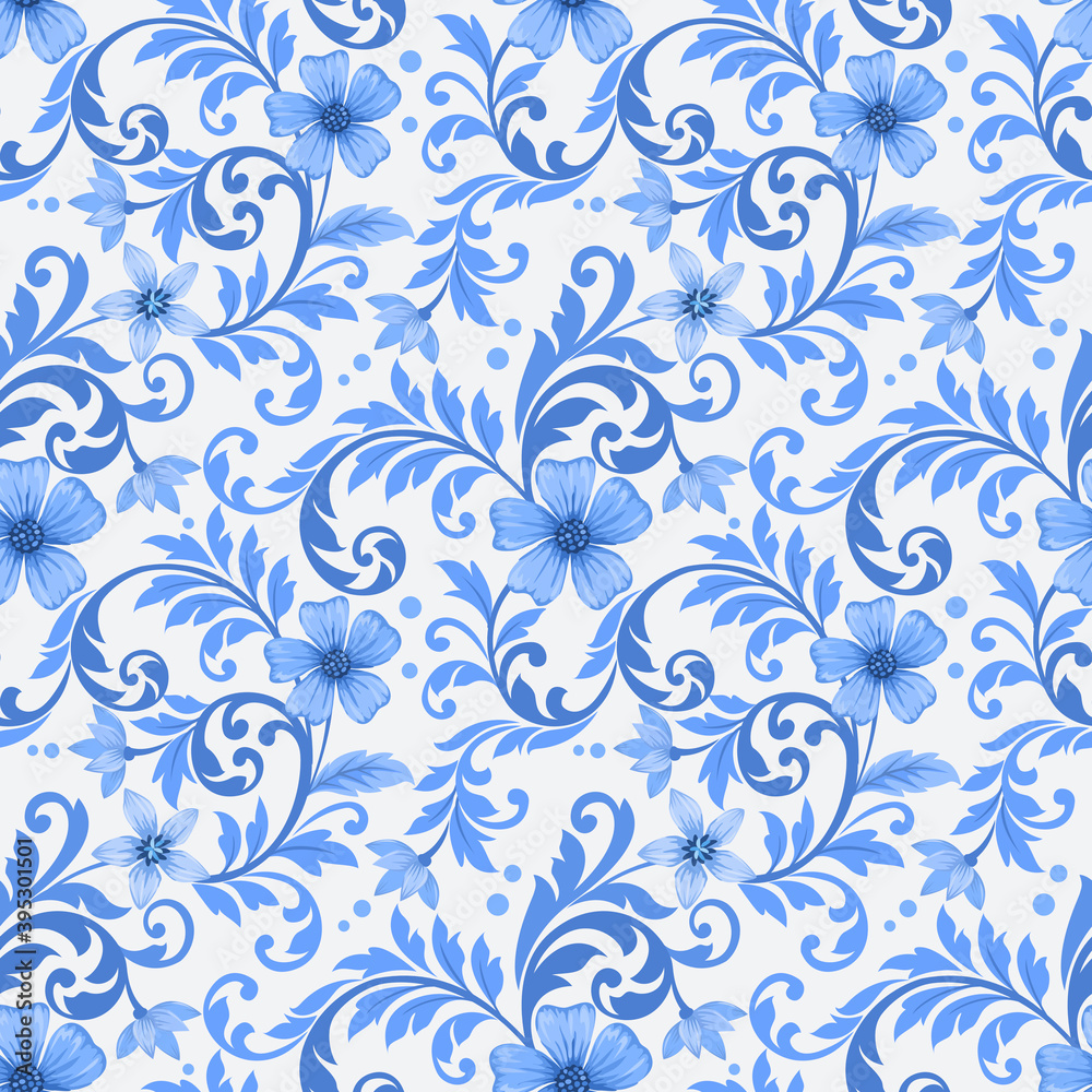 Abstract blue flowers ornament seamless pattern. can use for fabric textile wallpaper.