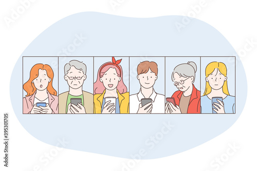 Smartphone, online communication, chatting concept. People of different age cartoon characters making photo on smartphone, chatting, searching information in internet, calling and communicating 