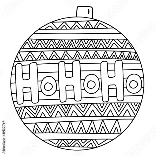 Funny Christmas tree decor ball coloring page stock vector illustration. Ornamental detailed ball for coloring and fun. Printable square worksheet for winter holidays home pastime. One of a series