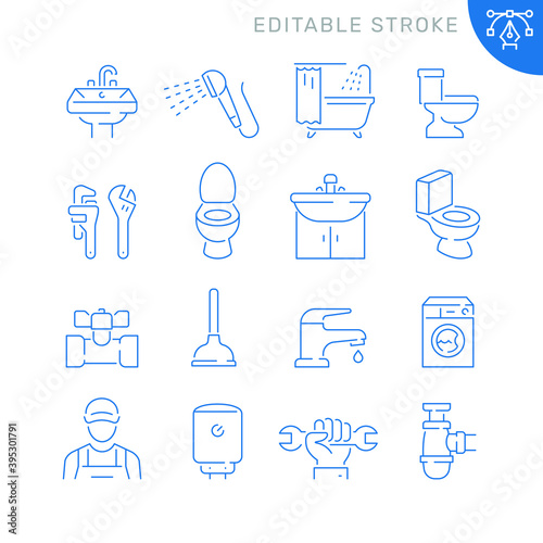 Plumbing related icons. Editable stroke. Thin vector icon set