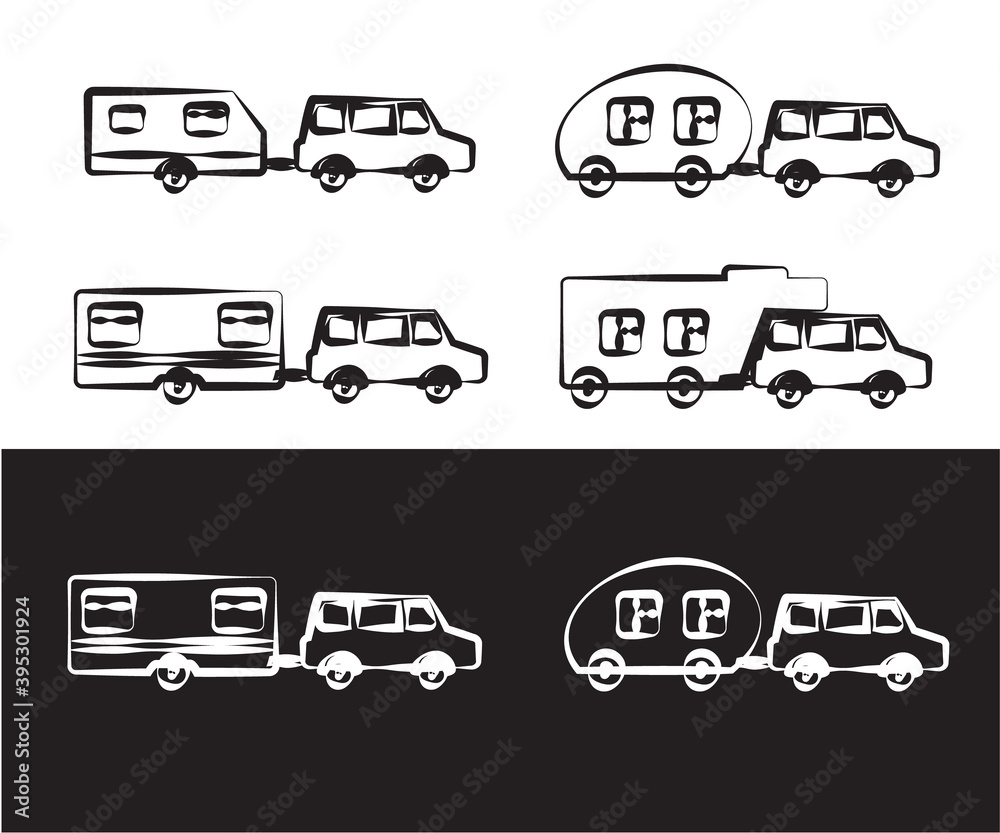 Collection of cars with a trailer. House on wheels. Symbol. Vector illustration. Collection of cars with a trailer. House on wheels. Symbol. Vector illustration.