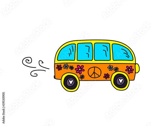 Hippie bus on a white background. Cartoon. Vector illustration.