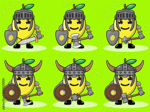 Illustration vector graphic cartoon character of cute Lemon knight. Cute and funny fruit set vector illustration. smile face and hand down pose set. Shield and sword.