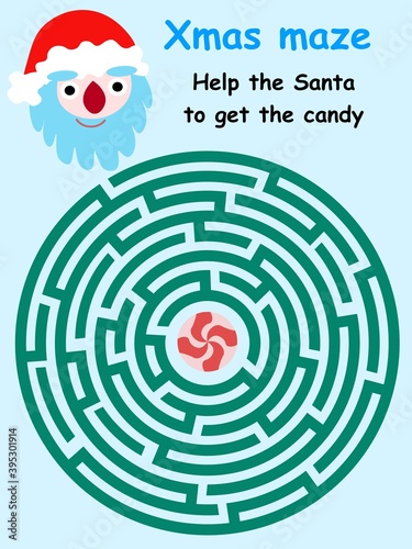 Xmas maze game with Santa Claus stock vector illustration. Help the Santa to get the candy. Colorful childish printable worksheet with educational maze game. Big labyrinth with Santa and caramel candy