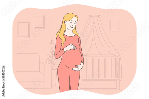 Pregnancy, motherhood, expecting for childbirth and baby concept. Young happy pregnant woman cartoon character standing embracing belly and dreaming about child and birth giving day