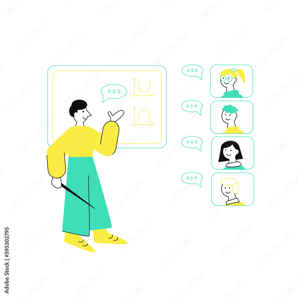 Vector flat illustration of distance lesson with teacher and students on screens. Vector flat illustration of distance lesson with teacher and students on screens.