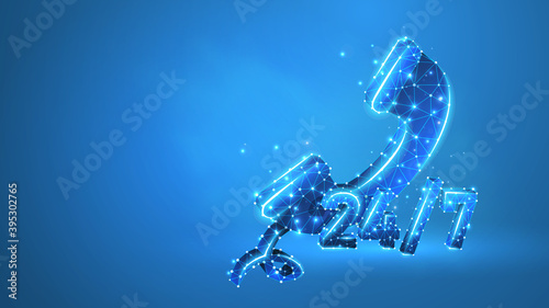 Twenty-four seven support center symbol. Technical service sign. Low poly, wireframe 3d Raster illustration. Abstract polygonal image on a blue neon background