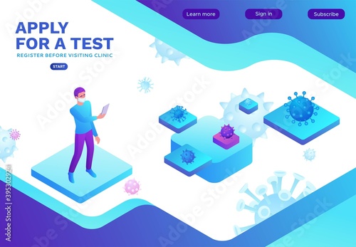 People apply for a test, Covid-19 lab,  Coronavirus medical research, patient in face mask, getting tested in the laboratory, isometric vector illustration isolated on white background