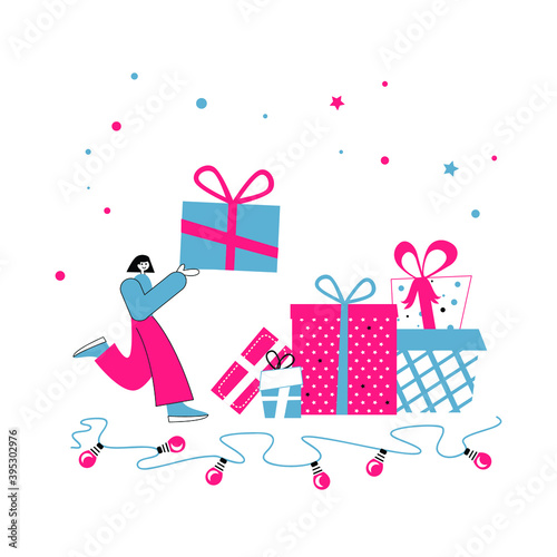 Vector flat illustration of a girl carrying a box with a gift.