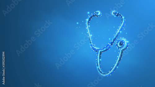 Stethoscope. Cardiologist tool for heartbeat monitoring, Diagnostic equipment, Hospital service design. Low poly, wireframe 3d Raster illustration. Abstract polygonal image on a blue neon background