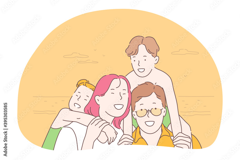 Happy family, parenthood, children concept. Young smiling parents and children family walking outdoors, hugging, feeling cheerful and having fun together in summer on vacations illustration 