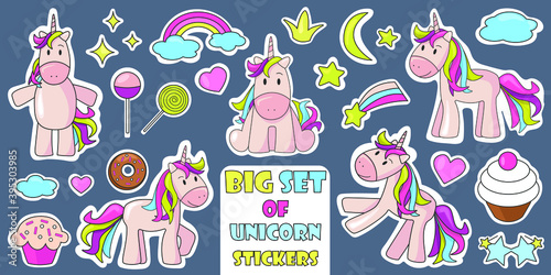 Big vector set with magic horses. Stickers with magic horses, rainbow, stars, moon, hearts, clouds, cupcakes, lollipops, donut, crown and glasses. Templates for children's parties. Vector