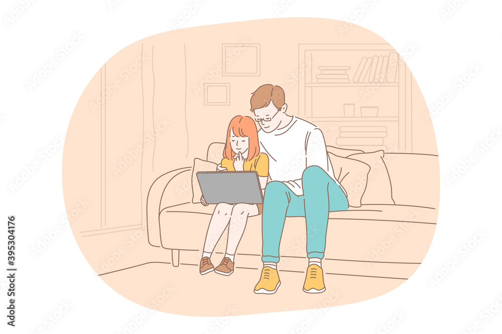 Family care, fatherhood, fathers day concept. Man father daddy coach parent sitting with daughter on sofa and watching movie together at home. Fathers day, love, care, dad vector illustration