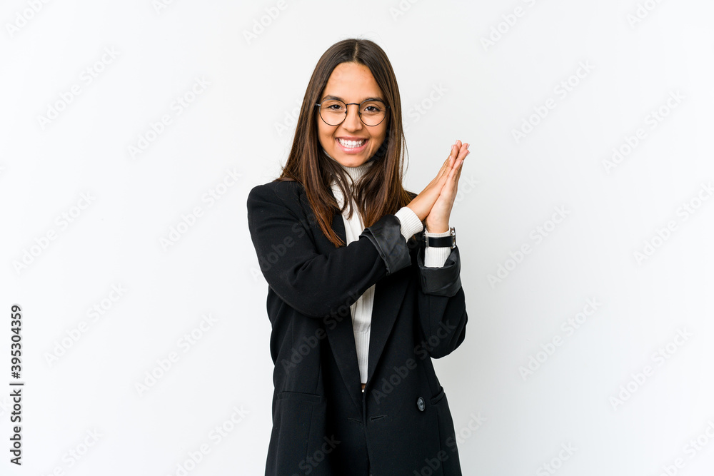 Young mixed race business woman isolated on white background feeling energetic and comfortable, rubbing hands confident. Young mixed race business woman isolated on white background feeling energetic and comfortable, rubbing hands confident.