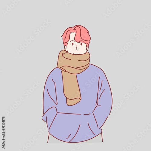 Happy man in winter clothes. Hand drawn character flat style.