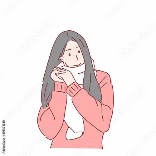 Happy women in winter clothes. Hand drawn character flat style.