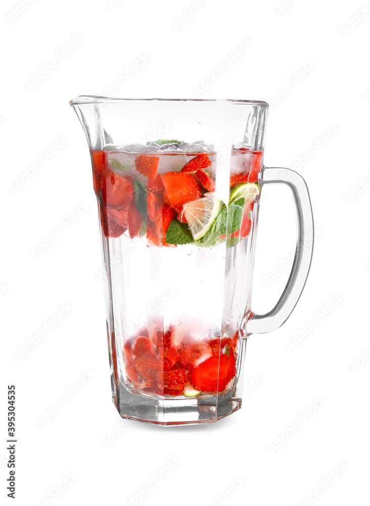 Glass jug of fresh strawberry mojito cocktail on white background Glass jug of fresh strawberry mojito cocktail on white background