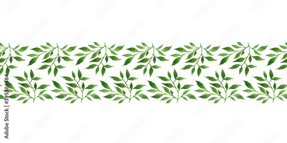 Hand-drawn watercolor green leaves. Seamless horizontal border, isolated on a white background. Decorative tape design. Fresh foliage