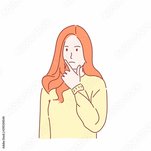 Pretty girl gesturing hand wondering concept.
