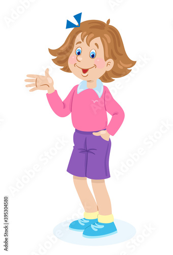 Children and emotions. A cute smiling girl stands and waves her hand. In cartoon style. Isolated on white background. Vector flat illustration.