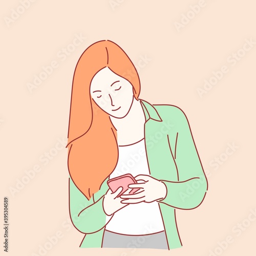 Pretty woman using smartphone. Hand drawn character style.